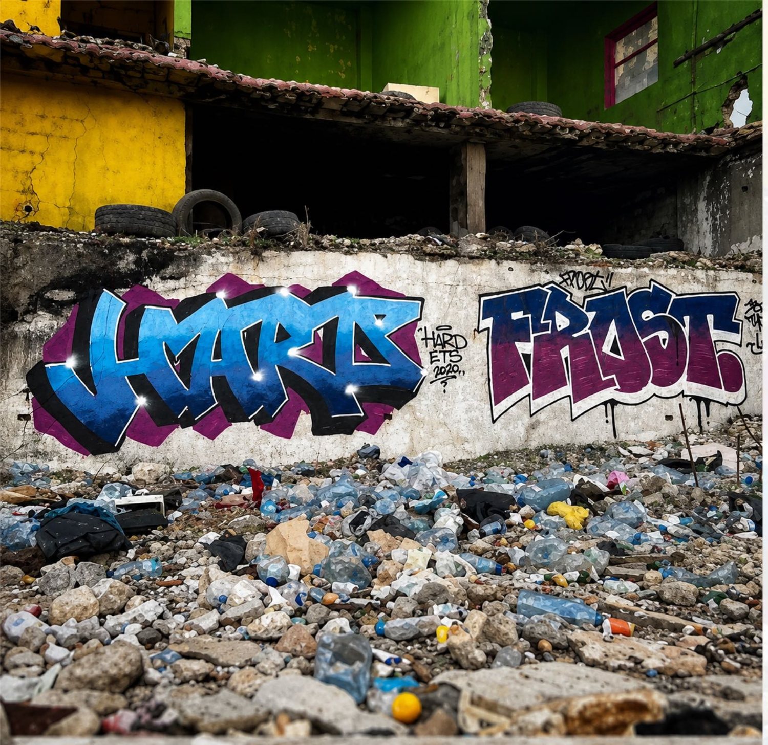 Two graffiti pieces on a concrete wall above a field of debris