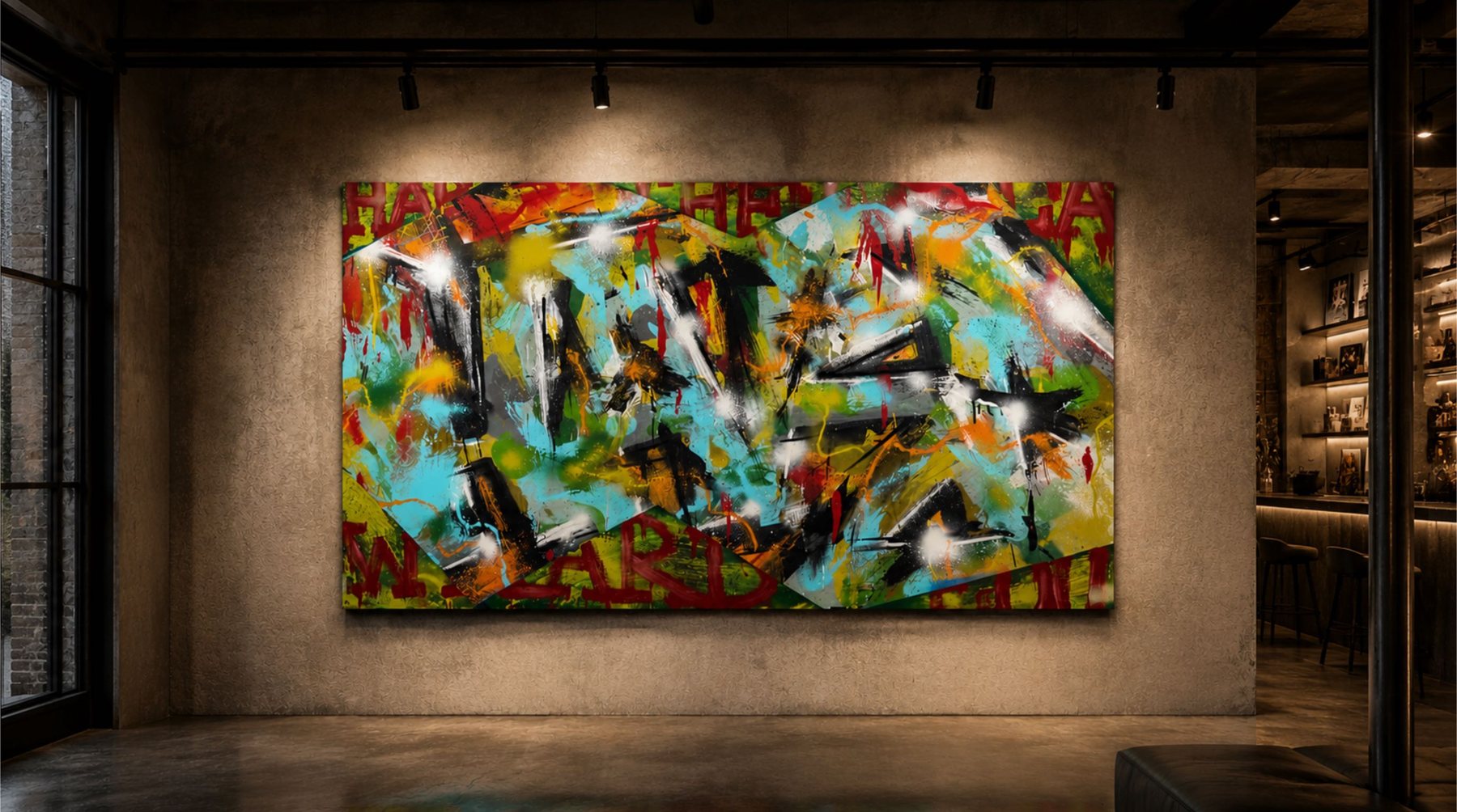 A large abstract canvas lit on a concrete wall in a dark interior