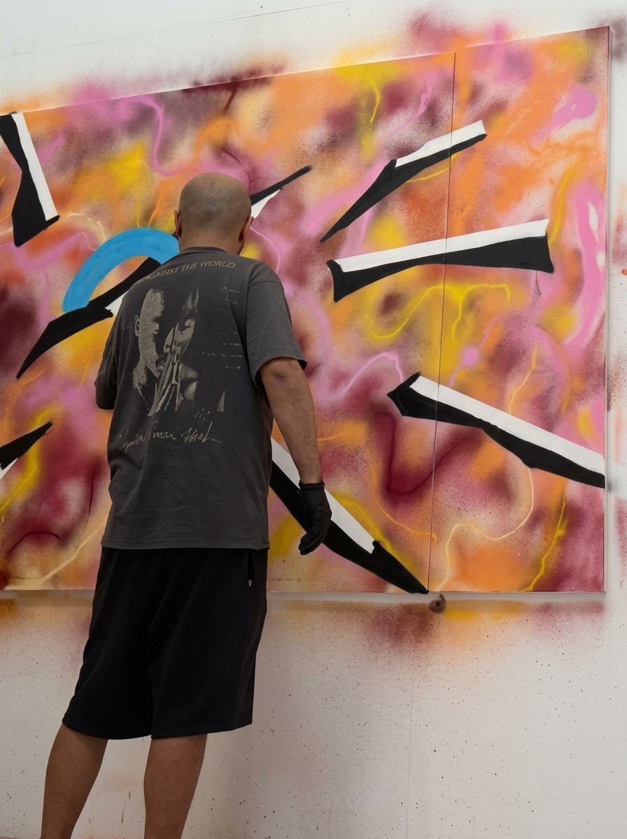The artist seen from behind, spraying a large abstract canvas with pink, orange and black geometric forms in his studio