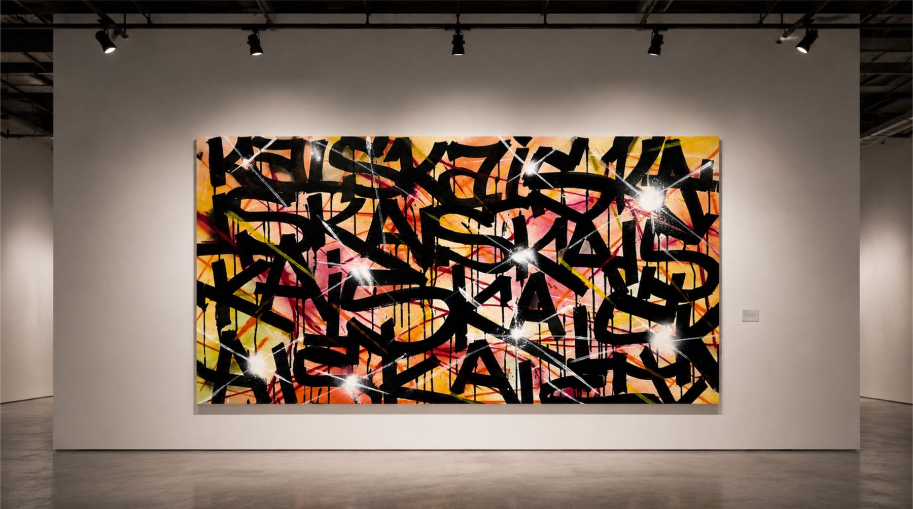 A large canvas covered in dense black tags over a warm orange and pink background